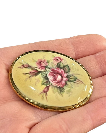 Vintage Ceramic flower cameo brooch hand painted gold finish