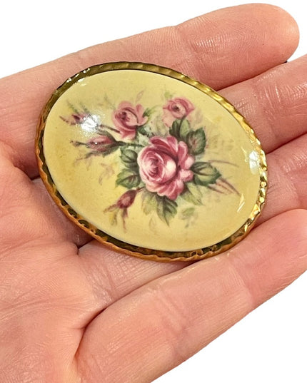 Vintage Ceramic flower cameo brooch hand painted gold finish