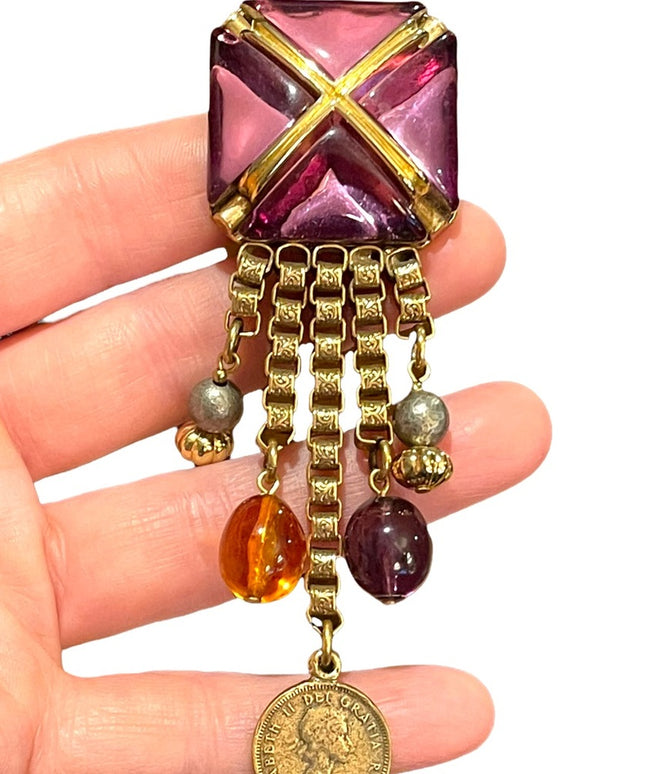Beautiful vintage statement piece Dangly brooch 1980s coin