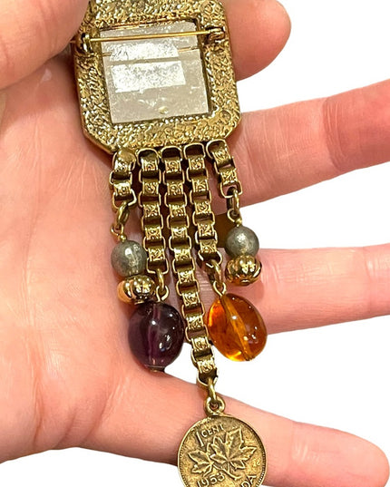 Beautiful vintage statement piece Dangly brooch 1980s coin