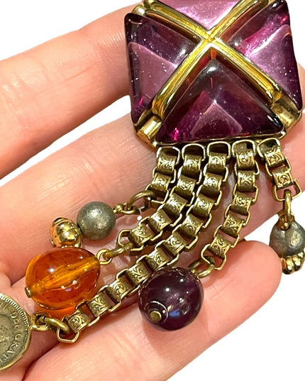 Beautiful vintage statement piece Dangly brooch 1980s coin