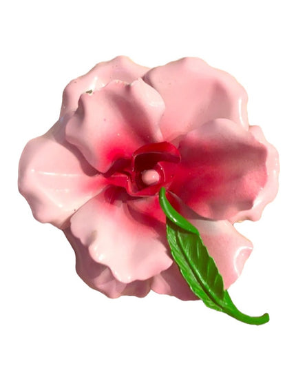 Vintage 1960s Metal enamel flower brooch Beauty pink
