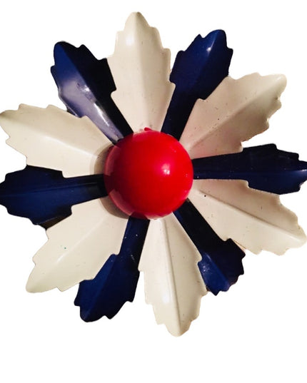 Vintage 1960s Metal flower Brooch enamel Red White Blue