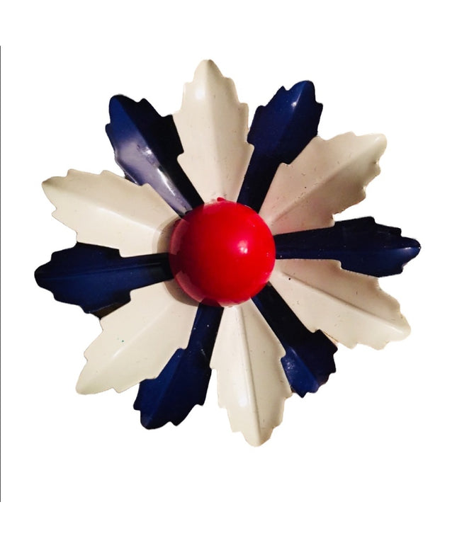Vintage 1960s Metal flower Brooch enamel Red White Blue