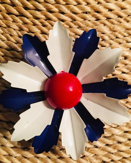 Vintage 1960s Metal flower Brooch enamel Red White Blue