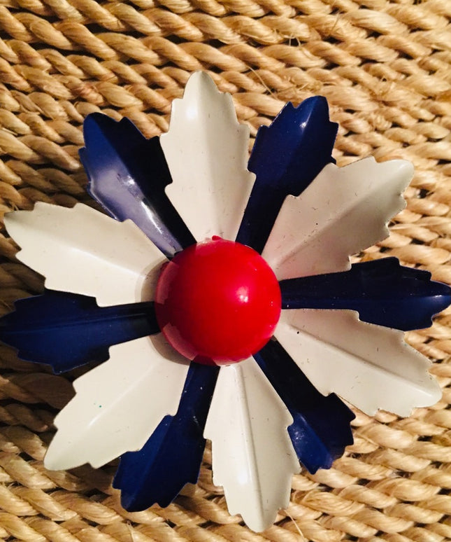Vintage 1960s Metal flower Brooch enamel Red White Blue