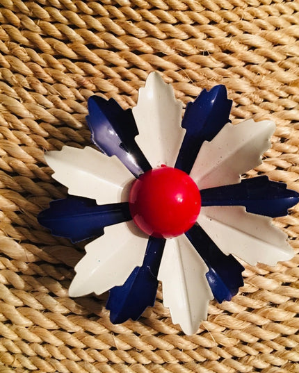 Vintage 1960s Metal flower Brooch enamel Red White Blue