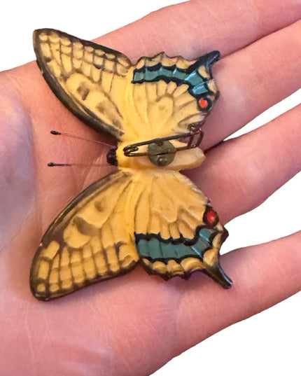 1930s Vintage Early resin Swallowtail aged painted butterlfy brooch