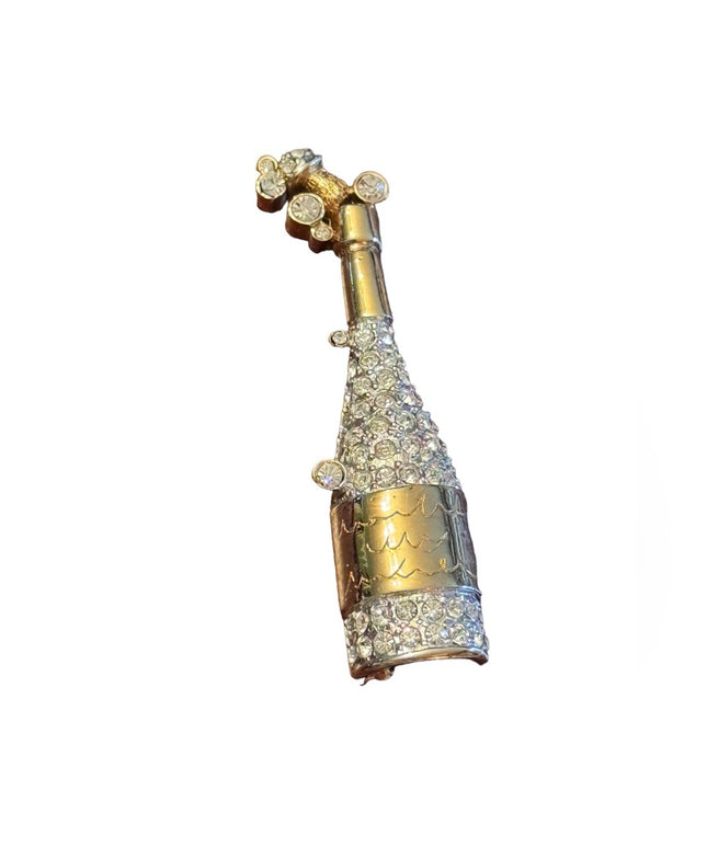 Vintage Signed Carolee Gold tome crystal rhinestone Champagne Bottle Brooch