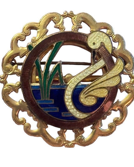 Vintage gold finish enameled swan in pond brooch