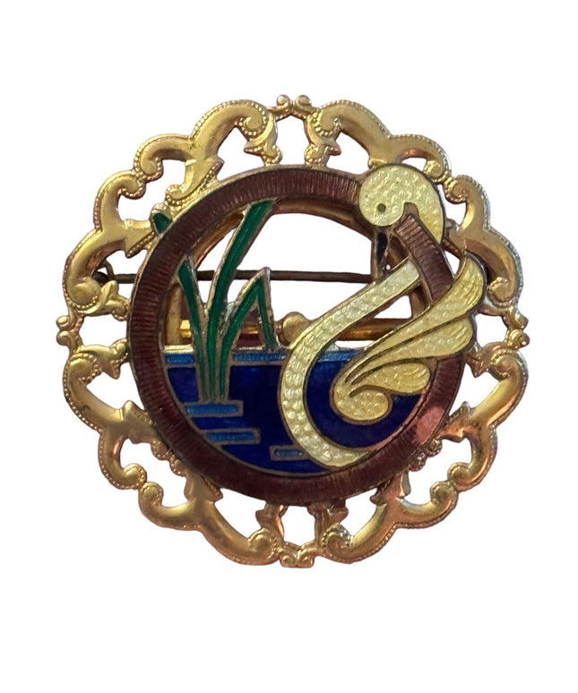 Vintage gold finish enameled swan in pond brooch