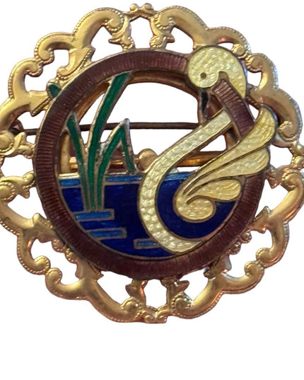 Vintage gold finish enameled swan in pond brooch