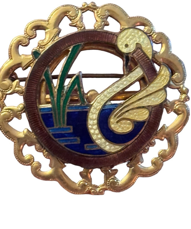 Vintage gold finish enameled swan in pond brooch