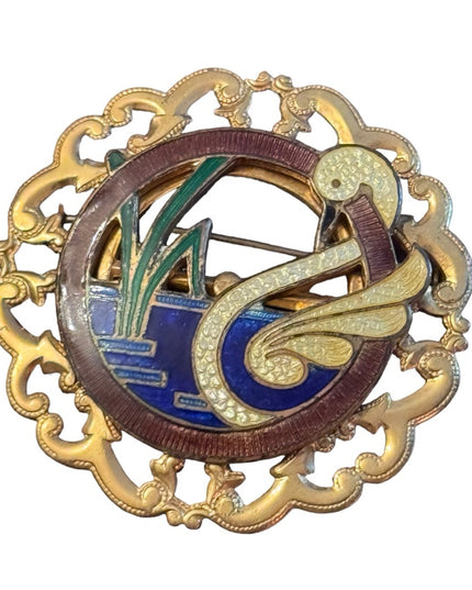 Vintage gold finish enameled swan in pond brooch