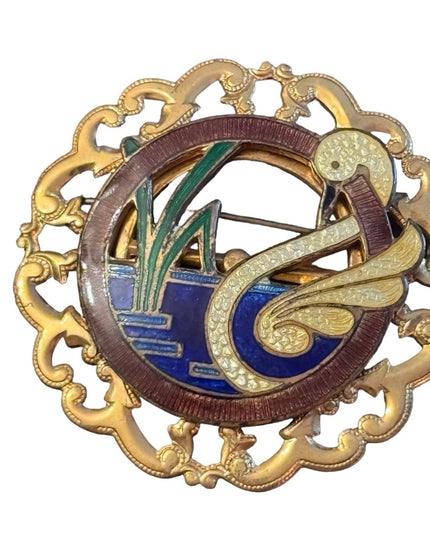 Vintage gold finish enameled swan in pond brooch