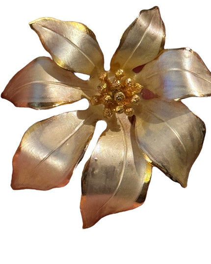 Vintage Cerrito Fabulous Vintage Gold White Poinsettia Brooch Flower Floral