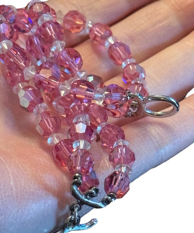 Vintage pastel pink AB crystal multi strand fancy silver finish toggle bracelet