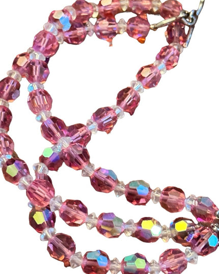 Vintage pastel pink AB crystal multi strand fancy silver finish toggle bracelet