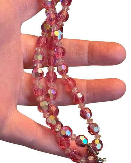 Vintage pastel pink AB crystal multi strand fancy silver finish toggle bracelet