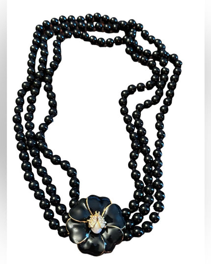 Stella & Dot Black Kelly Pearl Flower Clasp with Pavé Ladybug Necklace
