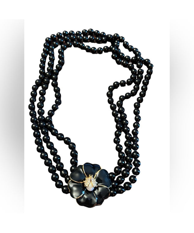 Stella & Dot Black Kelly Pearl Flower Clasp with Pavé Ladybug Necklace