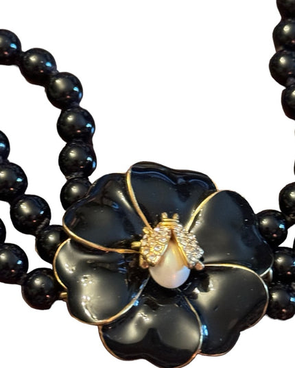 Stella & Dot Black Kelly Pearl Flower Clasp with Pavé Ladybug Necklace