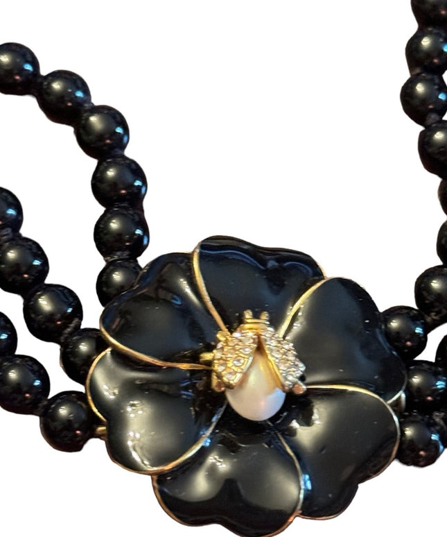 Stella & Dot Black Kelly Pearl Flower Clasp with Pavé Ladybug Necklace