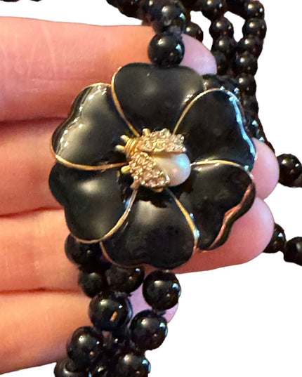 Stella & Dot Black Kelly Pearl Flower Clasp with Pavé Ladybug Necklace
