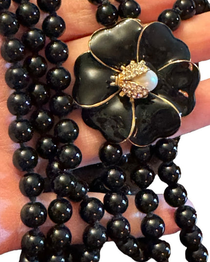 Stella & Dot Black Kelly Pearl Flower Clasp with Pavé Ladybug Necklace