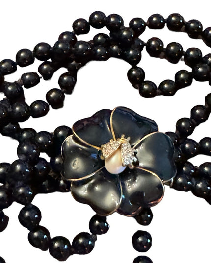 Stella & Dot Black Kelly Pearl Flower Clasp with Pavé Ladybug Necklace