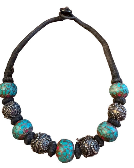 Vintage Tibetan stone inlay ornate antiqued metal bead tribal stament necklace