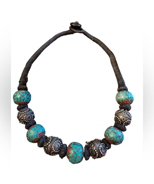 Vintage Tibetan stone inlay ornate antiqued metal bead tribal stament necklace