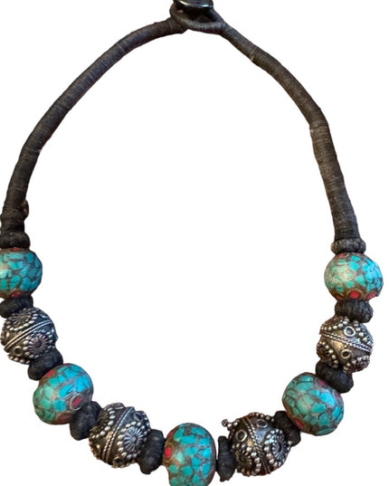 Vintage Tibetan stone inlay ornate antiqued metal bead tribal stament necklace