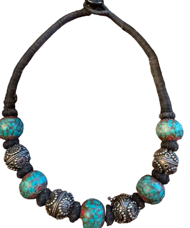 Vintage Tibetan stone inlay ornate antiqued metal bead tribal stament necklace