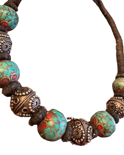 Vintage Tibetan stone inlay ornate antiqued metal bead tribal stament necklace