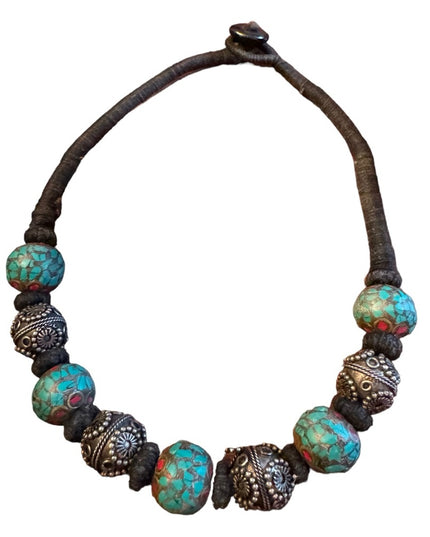 Vintage Tibetan stone inlay ornate antiqued metal bead tribal stament necklace