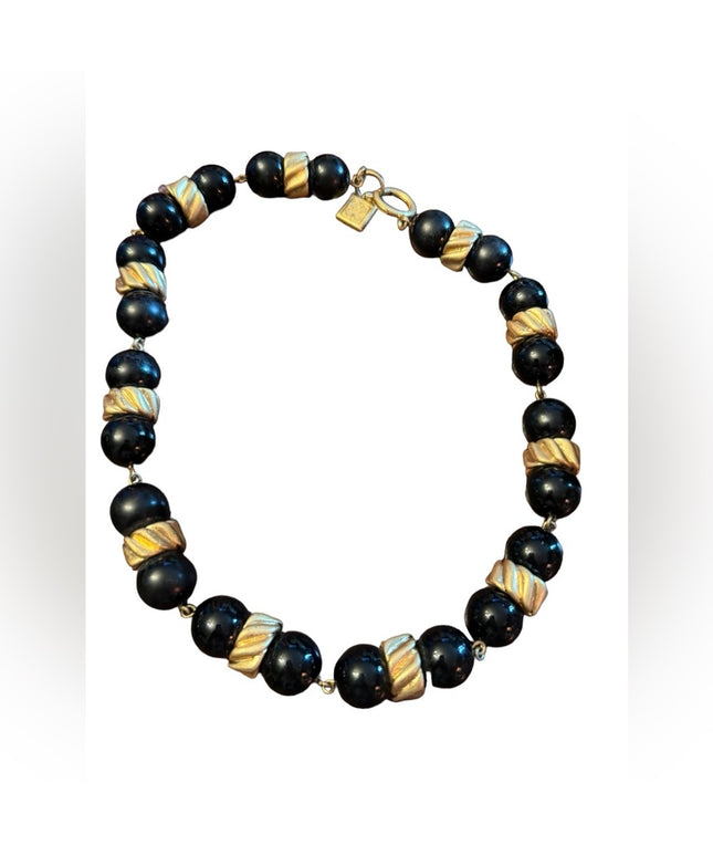 Vintage  chunky black glass and gold finish statement necklace LiZ CLAIBORNE