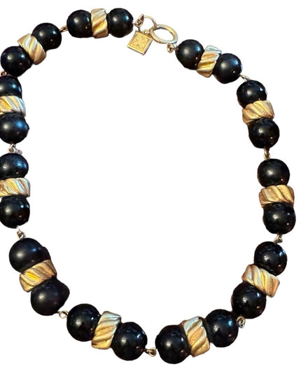 Vintage  chunky black glass and gold finish statement necklace LiZ CLAIBORNE