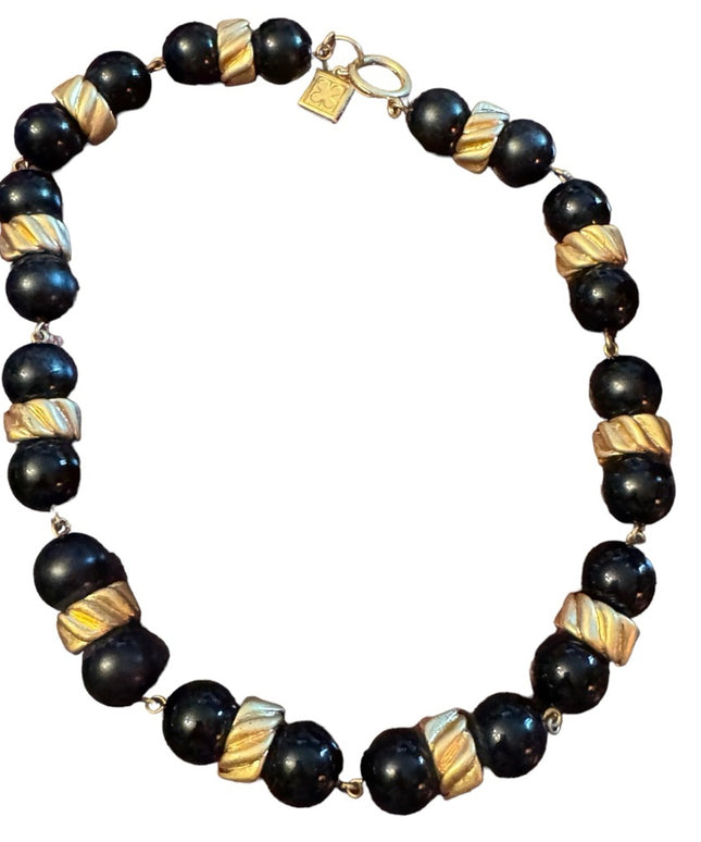 Vintage  chunky black glass and gold finish statement necklace LiZ CLAIBORNE