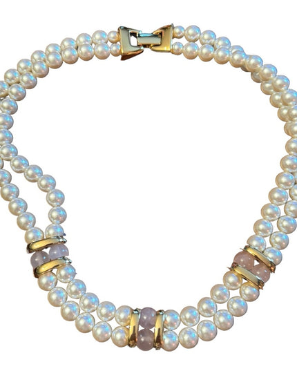 Vintage 1980s Napier faux pearl rose quartz double strand fancy necklace