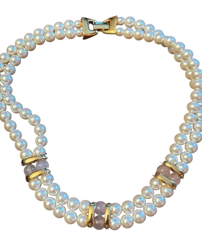 Vintage 1980s Napier faux pearl rose quartz double strand fancy necklace
