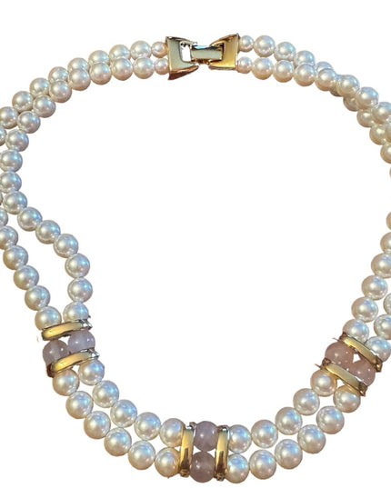 Vintage 1980s Napier faux pearl rose quartz double strand fancy necklace