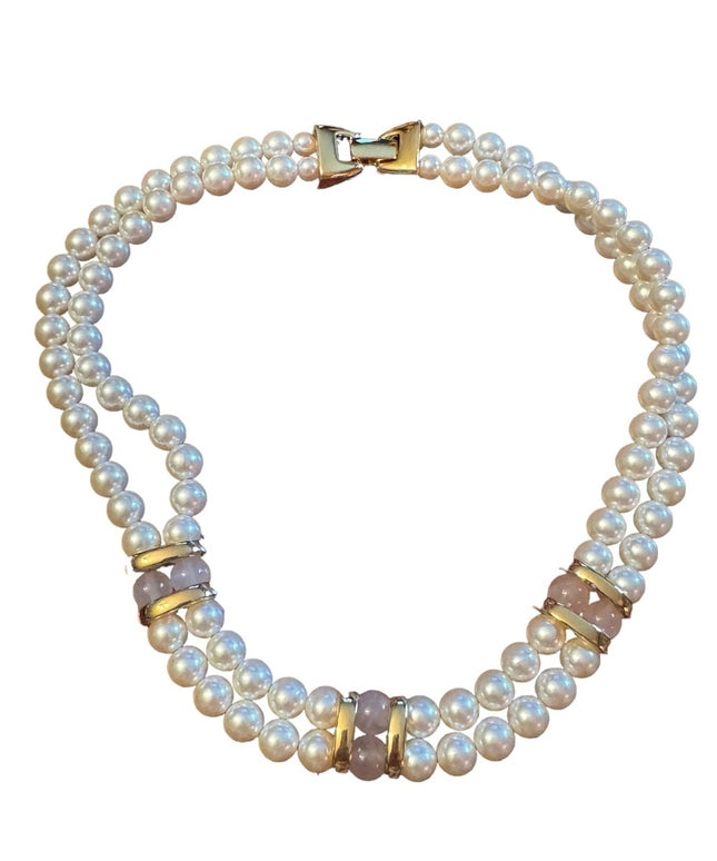 Vintage 1980s Napier faux pearl rose quartz double strand fancy necklace