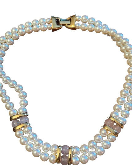 Vintage 1980s Napier faux pearl rose quartz double strand fancy necklace