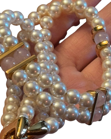 Vintage 1980s Napier faux pearl rose quartz double strand fancy necklace