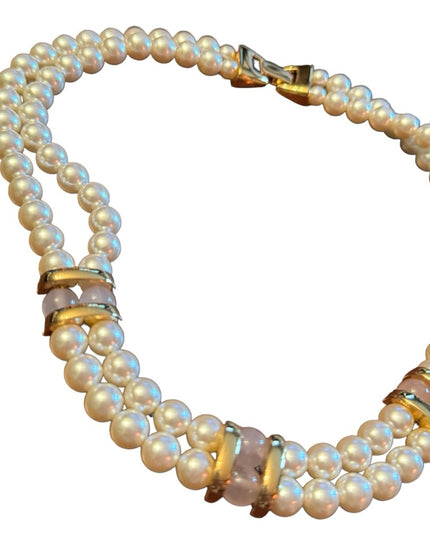 Vintage 1980s Napier faux pearl rose quartz double strand fancy necklace