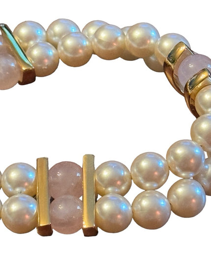 Vintage 1980s Napier faux pearl rose quartz double strand fancy necklace