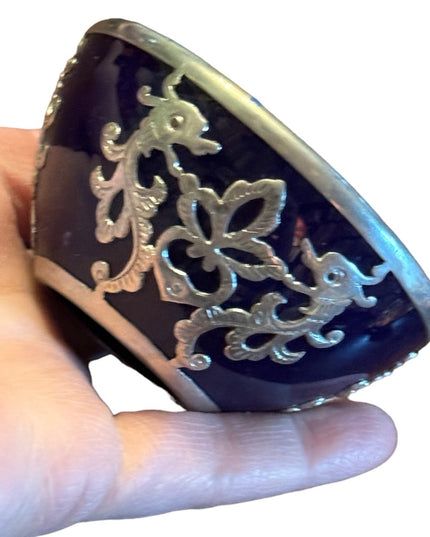 Antique Cobalt Blue Glass with Sterling Silver Floral Overlay dragon scrolled
