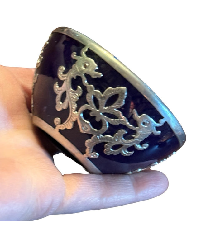 Antique Cobalt Blue Glass with Sterling Silver Floral Overlay dragon scrolled