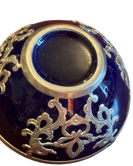 Antique Cobalt Blue Glass with Sterling Silver Floral Overlay dragon scrolled